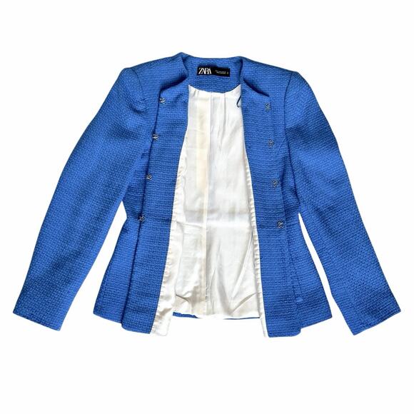 Zara Textured Blue Blazer Jacket Gold Buttons Hook Eye Closure Cotton Medium - Picture 15 of 16